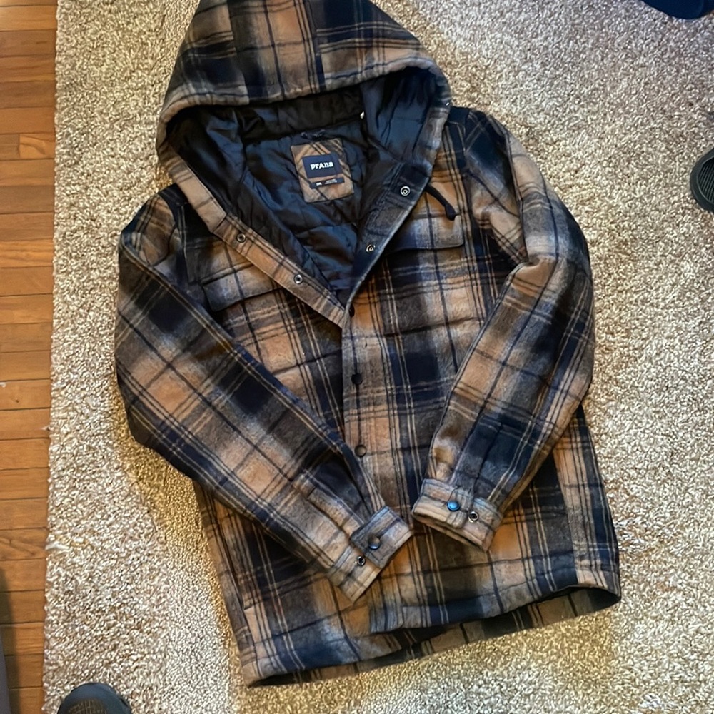 Prana Hooded Plaid Jacket in Black and Tan